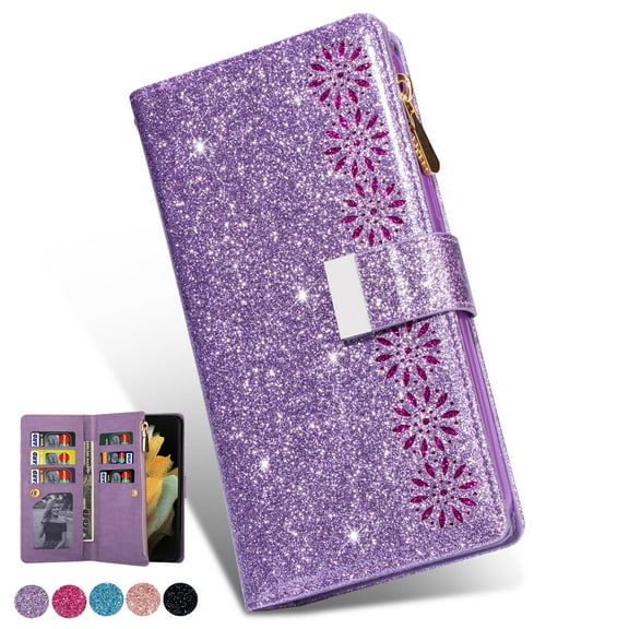 Wallet Case for Galaxy Z Fold 5, Glitter Bling Flip Folio Leather Protective Magnetic Stand Zipper Purse Phone Cover with Card Slot Holder Wrist Strap for Women For Samsung Galaxy Z Fold5,
Purple