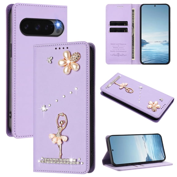 Wallet Case for Google Pixel 10 /10 Pro, PU Leather + TPU Protective Flip Cover with Card Slots RFID Blocking Kickstand and Glitter Rhinestone Decoration for Girls Women, Purple