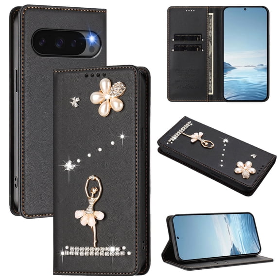 Wallet Case for Google Pixel 10 /10 Pro, PU Leather + TPU Protective Flip Cover with Card Slots RFID Blocking Kickstand and Glitter Rhinestone Decoration for Girls Women, Black