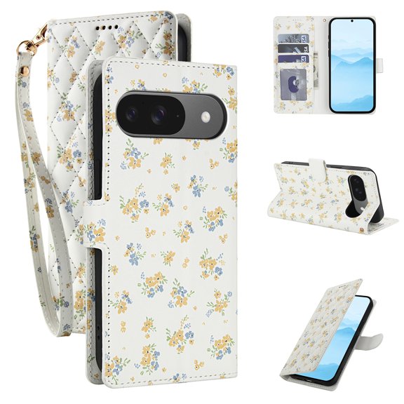 Wallet Case for Google Pixel 10 Pro XL with Credit Card Holder, Wrist Strap, Cute Flower Pattern PU Leather Stand Case, Magnetic Clasp Shockproof Cover for for Google Pixel 9 Pro XL, Pattern-D