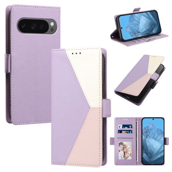 Wallet Case For Google Pixel 10 Pro XL, Crossbody Strap & Wrist Lanyard PU Leather Magnetic Flip Kickstand Splice Cover [RFID Blocking] Card Holder Slot Shockproof Case, Light Purple