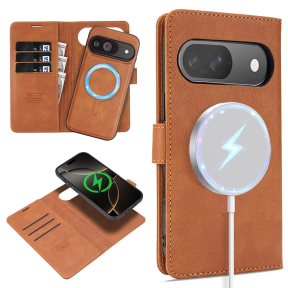 Wallet Case for Google Pixel 10 Pro XL, Detachable 2-in-1 PU Leather Flip Folio Case Magnetic Wireless Charging, Vintage Card Slots Kickstand Phone Cover for Google Pixel 10 Pro XL, Brown