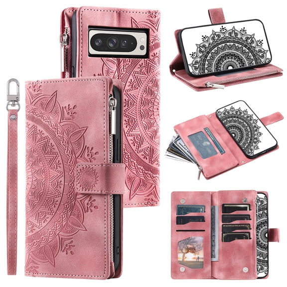 Wallet Case for Google Pixel 10A with Card Slots, Embossed Pattern PU Leather Zipper Pocket Kickstand Cover, Shockproof Magnetic Clasp Case with Wrist Strap for Google Pixel 10A, Pink