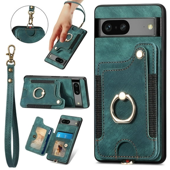 Wallet Case for Google Pixel 6, 360 Ring Holder Stand with Card Holder Premium Retro Leather Shockproof RFID Blocking Magnetic Clasp Hand Strap for Women Men for Google Pixel 6, Green