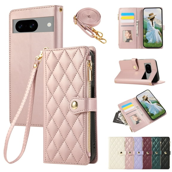 Wallet Case for Google Pixel 6, Crossbody Shoulder Strap + Hand Wrist Stylish PU Leather Flip Folio Cover Stand Cards Holder Zipper Pocket RFID Blocking Phone Case for Google Pixel 6, Rosegold