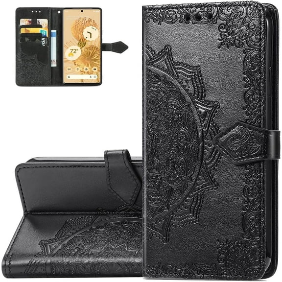 Wallet Case for Google Pixel 6,Mandala Pattern PU Leather Flip Phone Case with Strong Magnetic Clasp and Cash Card Slots Holder Cover for Google Pixel 6 MTL Black