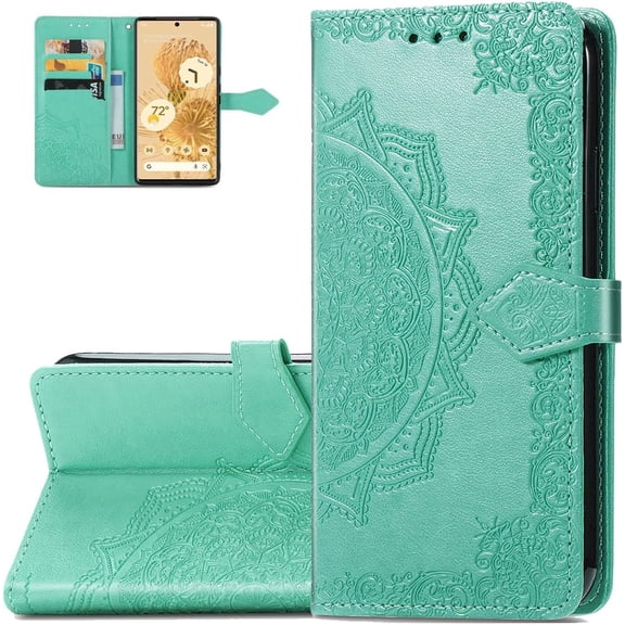 Wallet Case for Google Pixel 6,Mandala Pattern PU Leather Flip Phone Case with Strong Magnetic Clasp and Cash Card Slots Holder Cover for Google Pixel 6 MTL Green