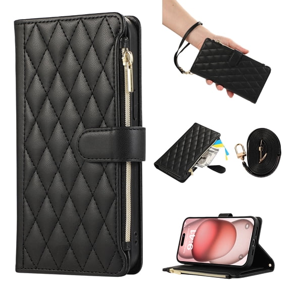 Wallet Case for Google Pixel 6 Pro with Wrist Strap, Crossbody Shoulder Strap, Card Slots Zipper Purse Luxury PU Leather Stand Phone Cover for Google Pixel 6 Pro - Black