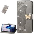 thumbnail image 1 of Wallet Case for Google Pixel 6A, 3D Butterfly Flower PU Leather with Credit Card Slots Holder Folio Phone Cover Case for Google Pixel 6A Rhinestone Grey, 1 of 14