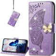 thumbnail image 1 of Wallet Case for Google Pixel 6A, 3D Butterfly Flower PU Leather with Credit Card Slots Holder Folio Phone Cover Case for Google Pixel 6A Rhinestone Purple, 1 of 14