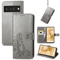 thumbnail image 1 of Wallet Case for Google Pixel 6A with Card Slots Holder Magnetic Clasp Kickstand Flip Folio Cover, Exquisite Flower Pattern PU Leather Soft Silicone Shockproof Protective Cover,Gray, 1 of 12