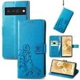 thumbnail image 1 of Wallet Case for Google Pixel 6A with Card Slots Holder Magnetic Clasp Kickstand Flip Folio Cover, Exquisite Flower Pattern PU Leather Soft Silicone Shockproof Protective Cover,Blue, 1 of 12
