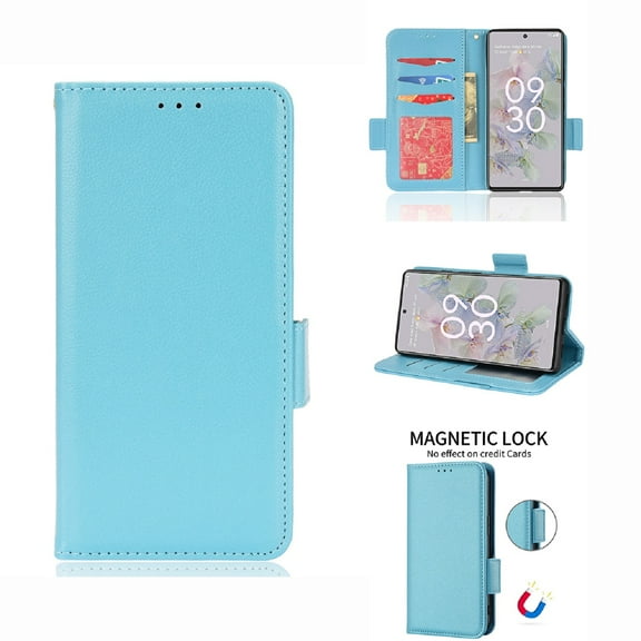 Wallet Case for Google Pixel 6A, Soft Silicone Lychee Pattern PU Leather Shockproof Flip Cover with Card Slots Holder Magnetic Clasp Lock Drop Resistant Kickstand Phone Case,Cyanblue