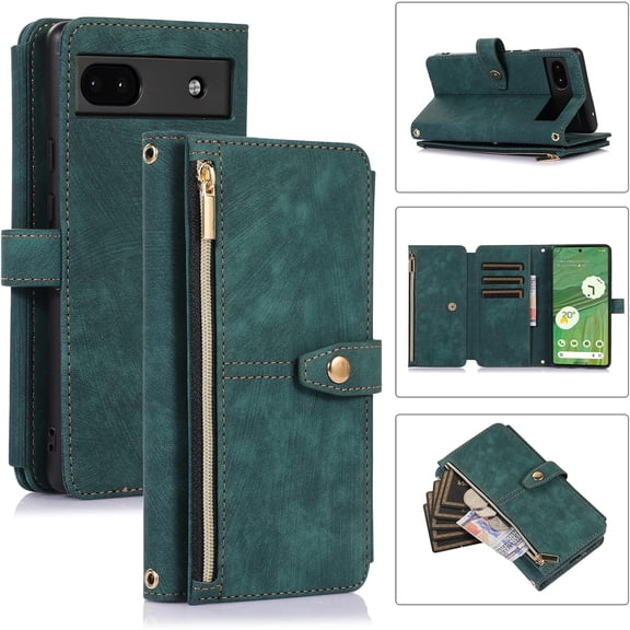 Wallet Case for Google Pixel 6a 5G, Vintage Premium PU Leather Cover Flip Case with Card Slots Magnetic Closure Zipper Pocket Kickstand Handbag with Hand Strap - Red Wine