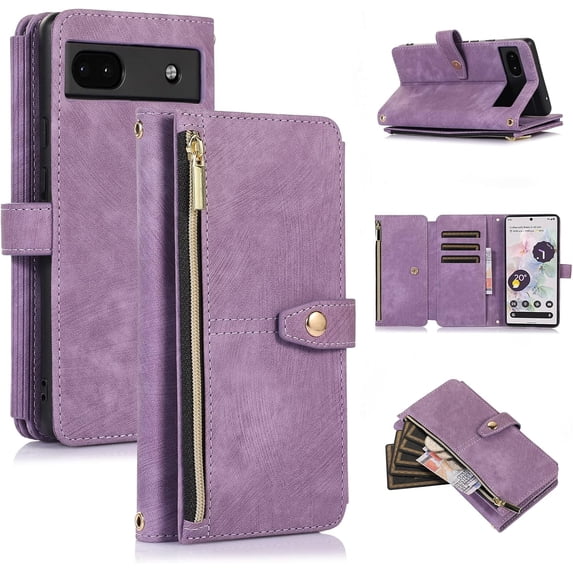 Wallet Case for Google Pixel 6a 5G, Vintage Premium PU Leather Cover Flip Case with Card Slots Magnetic Closure Zipper Pocket Kickstand Handbag with Hand Strap - Red Wine