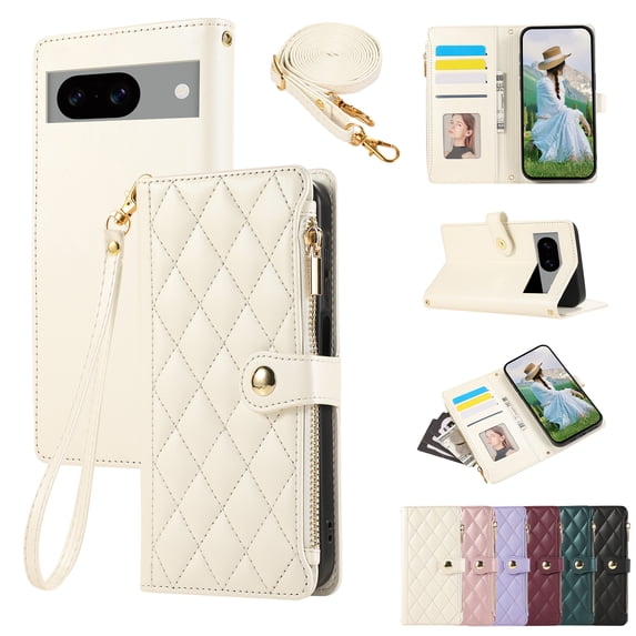 Wallet Case for Google Pixel 6a, Premium Vintage PU Leather Magnetic Closure Handbag Zipper Pocket Case Kickstand Card Slots with Wrist Strap & Shoulder Strap Shockproof Flip Case - Beige
