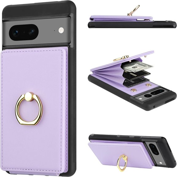 Wallet Case for Google Pixel 7 with Card Holder 360°Rotation Ring Stand Kickstand Women Girls PU Leather Double Buttons Flip Cover RFID Blocking Protective Case for Google Pixel 7 Purple