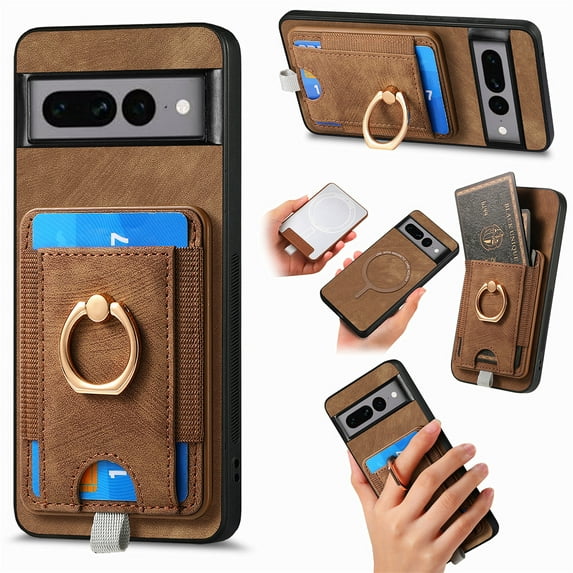 Wallet Case for Google Pixel 7 Pro with Detachable Card Holder, Rotation Ring Kickstand Case, Magnetic Vintage PU Leather Cover Compatible with MagSafe Shockproof Case for Google Pixel 7 Pro, Brown