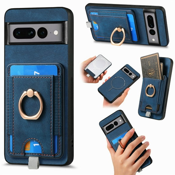 Wallet Case for Google Pixel 7 Pro with Detachable Card Holder, Rotation Ring Kickstand Case, Magnetic Vintage PU Leather Cover Compatible with MagSafe Shockproof Case for Google Pixel 7 Pro, Blue