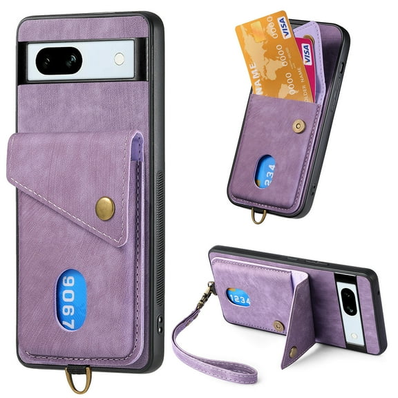 Wallet Case for Google Pixel 7A, Retro Premium Leather Credit Card Holder RFID Blocking Case with Wrist Strap Stand Magnetic Clasp Flip Anti-Scratch Cover for Google Pixel 7A, Purple