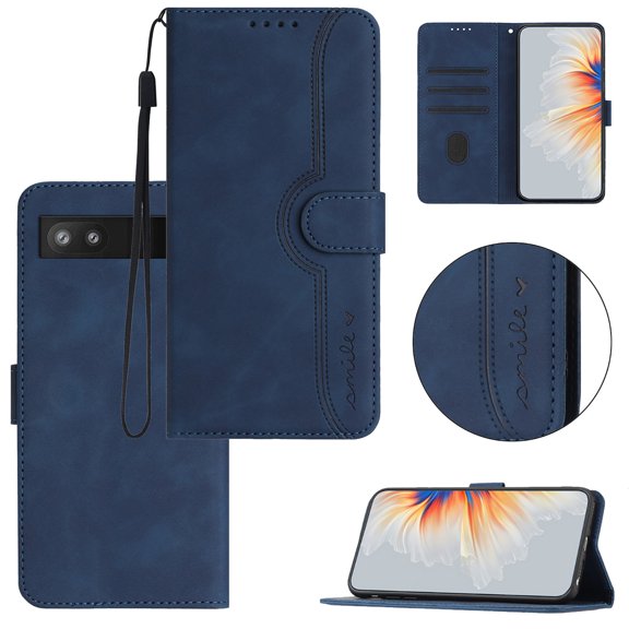 Wallet Case for Google Pixel 7A, Smile Design Premium Leather Credit Card Holder Wallet RFID Blocking Case with Wrist Strap Stand Magnetic Flip Cover for Google Pixel 7A, Darkblue