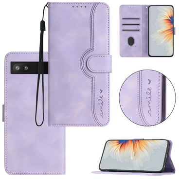 Wallet Case for Google Pixel 7A, Smile Design Premium Leather Credit Card Holder Wallet RFID Blocking Case with Wrist Strap Stand Magnetic Flip Cover for Google Pixel 7A, Purple