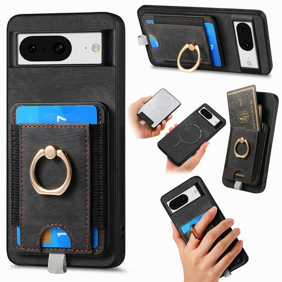 Wallet Case for Google Pixel 8 with Detachable Card Holder, Rotation Ring Kickstand Case, Magnetic Vintage PU Leather Cover Compatible with MagSafe Shockproof Case for Google Pixel 8, Black