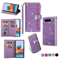 thumbnail image 1 of Wallet Case for Google Pixel 8, Glitter Bling Flip Folio Leather Protective Magnetic Stand Zipper Purse Phone Cover with Card Slot Holder Wrist Strap for Women For Google Pixel 8,
Purple, 1 of 7