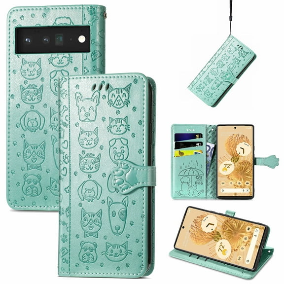 Wallet Case for Google Pixel 8, Lovely Cute Animal Embossed Pattern Cartoon PU Leather Flip Cover with Card Slots Cash Holder Kickstand Magnetic Clasp Shockproof Case, Green