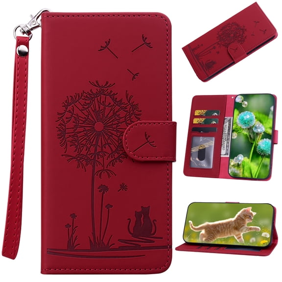 Wallet Case For Google Pixel 8,PU Leather Magnetic Clasp Flip Kickstand Folio Cover with RFID Blocking Card Holders,Cute Dandelion Cat Embossed Shockproof with Wrist Strap,Red