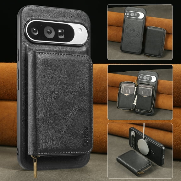 Wallet Case for Google Pixel 8 Pro Compatible with MagSafe for Men Women, Detachable Magnetic Flip Zipper Wallet with RFID Blocking Card Slots Shockproof Rugged Anti-fall Phone Case,Black