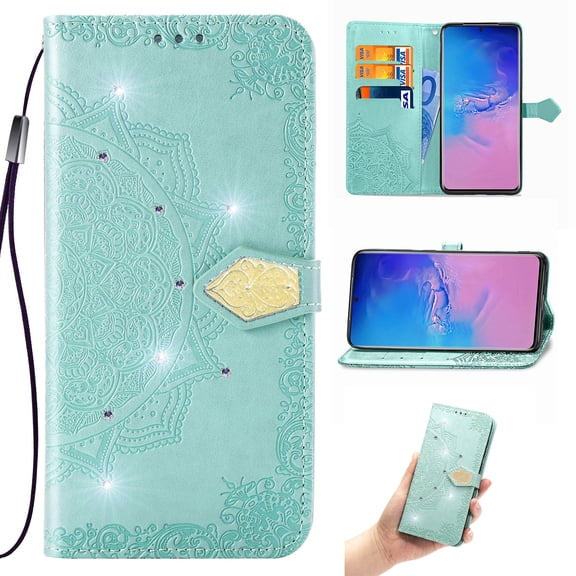 Wallet Case for Google Pixel 8 Pro, Flip Case PU Leather Diamond Emboss Mandala Flowers Wrist Strap Folio Card Slots Magnetic Kickstand Protective Phone Cover for Google Pixel 8 Pro, Green