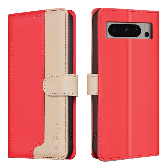 Wallet Case for Google Pixel 8 Pro, RFID Blocking Credit Card Holder, Premium Splice PU Leather Magnetic Clasp Folio Kickstand Flip Shockproof Luxury Cover For Google Pixel 8 Pro,Red