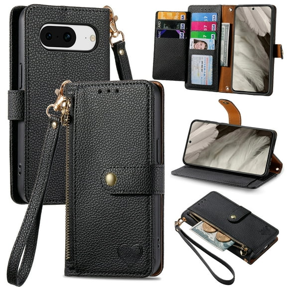 Wallet Case for Google Pixel 8 Women Men, Durable PU Leather Magnetic Flip Lanyard Strap Wristlet Zipper Card Holder Kickstand Wallet Phone Case Cover Full Body Protection, Black