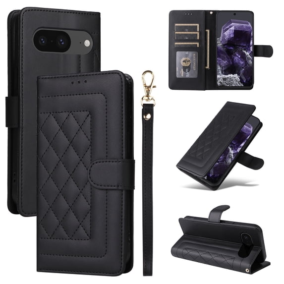 Wallet Case for Google Pixel 8a, Vintage Wrist Strap Kickstand Credit Card Slots Magnetic Closure PU Leather Shockproof Drop Protective TPU Shell for Google Pixel 8a, Black