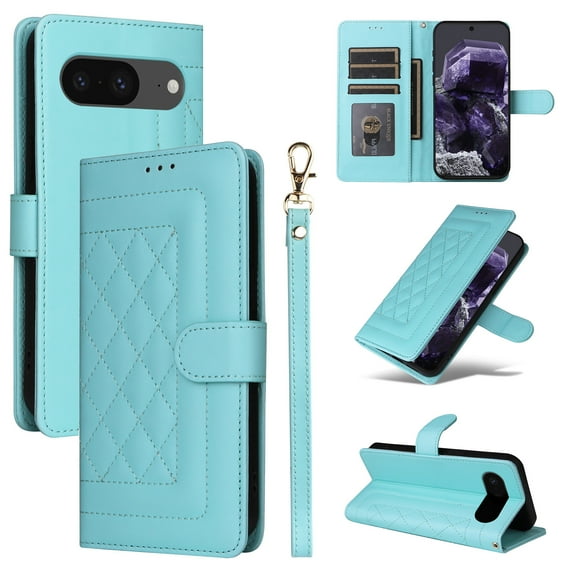 Wallet Case for Google Pixel 8a, Vintage Wrist Strap Kickstand Credit Card Slots Magnetic Closure PU Leather Shockproof Drop Protective TPU Shell for Google Pixel 8a, Mint