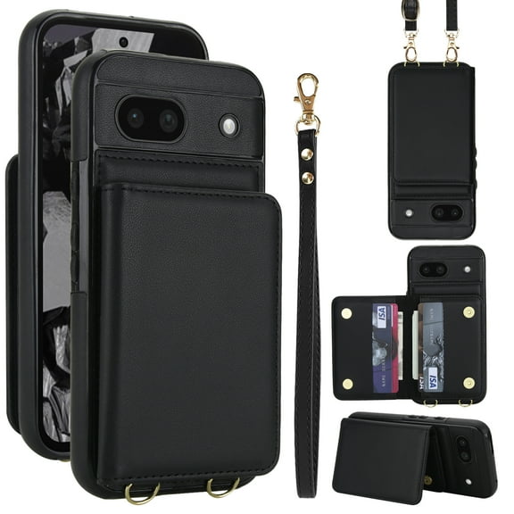 Wallet Case for Google Pixel 8a, with Wrist Strap and Shoulder Strap, RFID Blocking Card Slots, Classic Kickstand Magnetic Flip PU Leather Phone Case Cover for Google Pixel 8a, Black