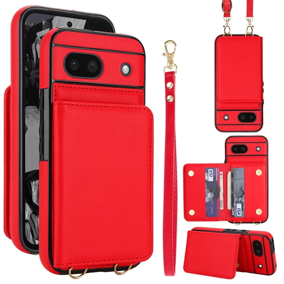 Wallet Case for Google Pixel 8a, with Wrist Strap and Shoulder Strap, RFID Blocking Card Slots, Classic Kickstand Magnetic Flip PU Leather Phone Case Cover for Google Pixel 8a, Red