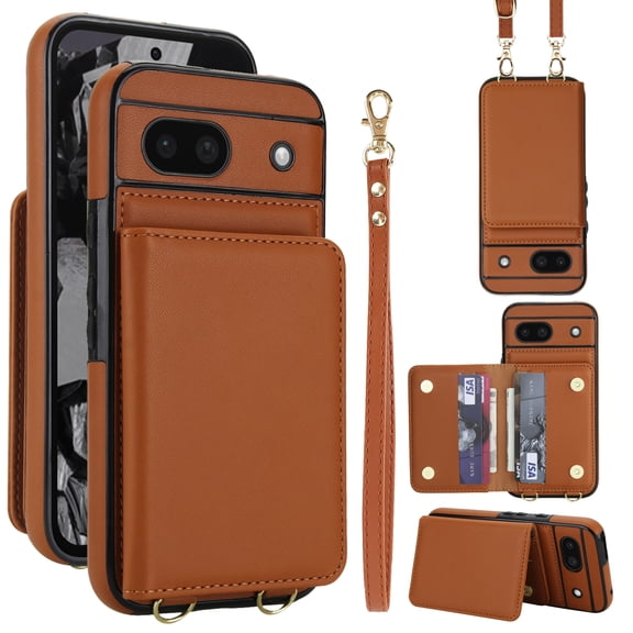 Wallet Case for Google Pixel 8a, with Wrist Strap and Shoulder Strap, RFID Blocking Card Slots, Classic Kickstand Magnetic Flip PU Leather Phone Case Cover for Google Pixel 8a, Brown