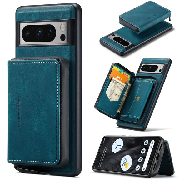 Wallet Case for Google Pixel 9 / 9 Pro, Removeable Zipper Pocket Back Case with Card Holder, PU Leather Drop Protective Cover Case with Kickstand for Google Pixel 9 / 9 Pro, Blue