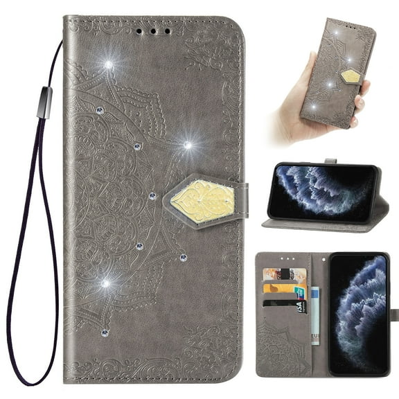 Wallet Case for Google Pixel 9, Glitter PU Leather Magnetic Closure Handbag Embossed Case Kickstand Card Holder Slots with Wrist Strap TPU Shockproof Flip Cover RFID Blocking, Gray