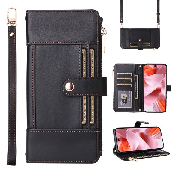 Wallet Case for Google Pixel 9 Pro, PU Leather RFID Blocking Card Slots Zipper Pocket Magnetic Buckle Kickstand Shoulder Strap & Wrist Strap Rugged Phone Cover for Google Pixel 9 Pro, Black