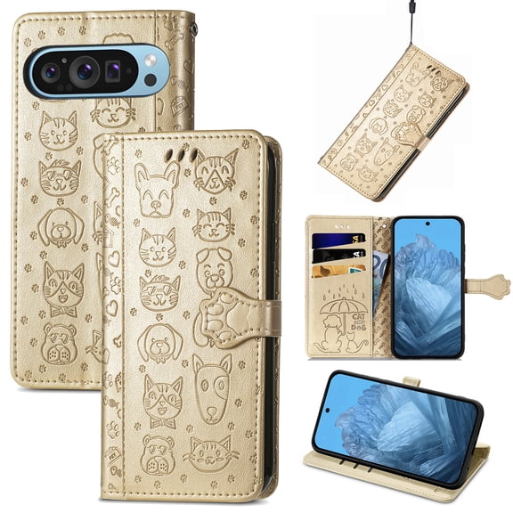 Wallet Case for Google Pixel 9 Pro XL, Lovely Cute Cat Embossed Pattern Cartoon PU Leather Flip Folio Cover with Card Slots Cash Holder Kickstand Magnetic Secure Clasp Shockproof Case, Gold