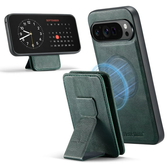 Wallet Case for Google Pixel 9 Pro XL, Removable Magnetic Back Cover Compatible with MagSafe, Premium PU Leather Slim Shockproof Phone Case with Detachable Card Holder Kickstand,Green