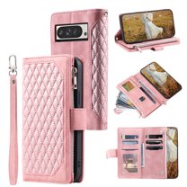 Wallet Case for Google Pixel 9A, [Card Slots] [Zipper Pocket] [Kickstand Function] Grid Pattern PU Leather Shockproof Magnetic Clasp Case with Wrist Strap & Shoulder Strap, Rosegold
