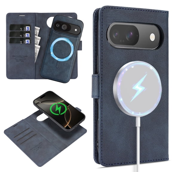 Wallet Case for Google Pixel 9a, Detachable 2-in-1 PU Leather Flip Folio Case Magnetic Wireless Charging, Vintage Card Slots Kickstand Phone Cover for Google Pixel 9a, Blue