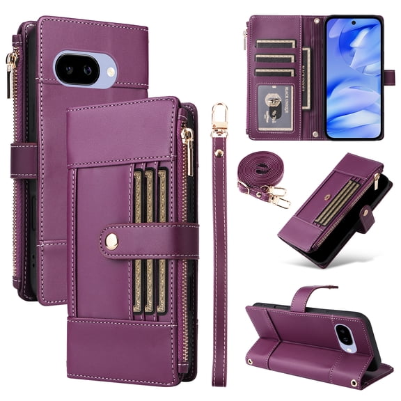 Wallet Case for Google Pixel 9a, PU Leather RFID Blocking Card Slots Zipper Pocket Magnetic Buckle Kickstand Shoulder Strap & Wrist Strap Rugged Phone Cover for Google Pixel 9a, Purple