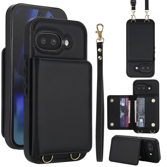 Wallet Case for Google Pixel 9a, with Wrist Strap and Shoulder Strap, RFID Blocking Card Slots, Classic Kickstand Magnetic Flip PU Leather Phone Case Cover for Google Pixel 9a, Black