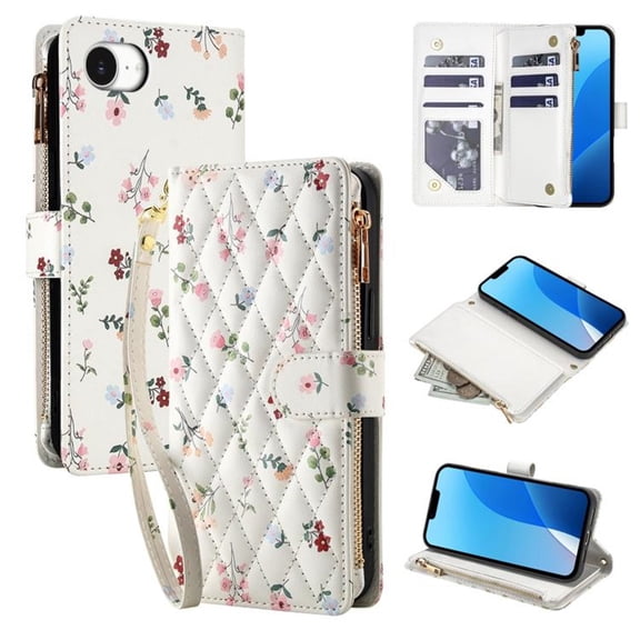 Wallet Case For IPhone 17e/16e 6.1-inch, Flower Pattern Flip Zipper Purse Leather Cover With Card Holder, Detachable Wristlet & Shoulder Strap, Shockproof ,Kickstand Phone Case For Women,Pink