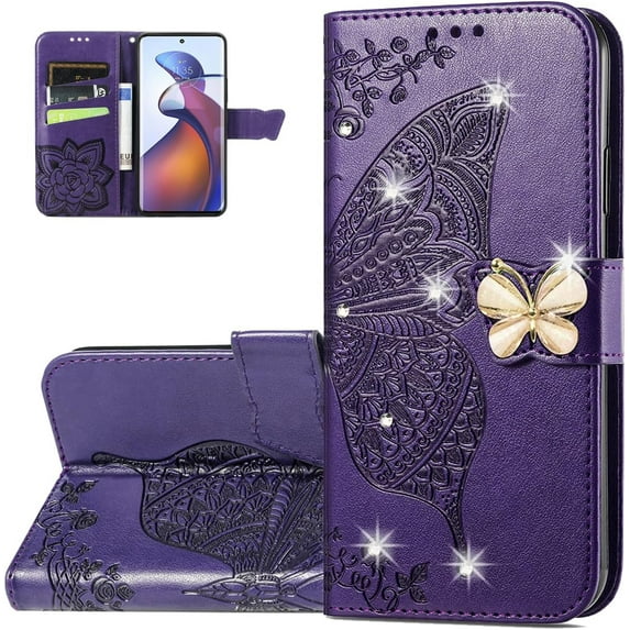 Wallet Case for Moto Edge 30 Fusion,3D Butterfly Pattern PU Leather Flip Kickstand Case with Magnetic Clasp and Cash Card Slots Holster for Moto Edge 30 Fusion, HZD Rhinestone Purple